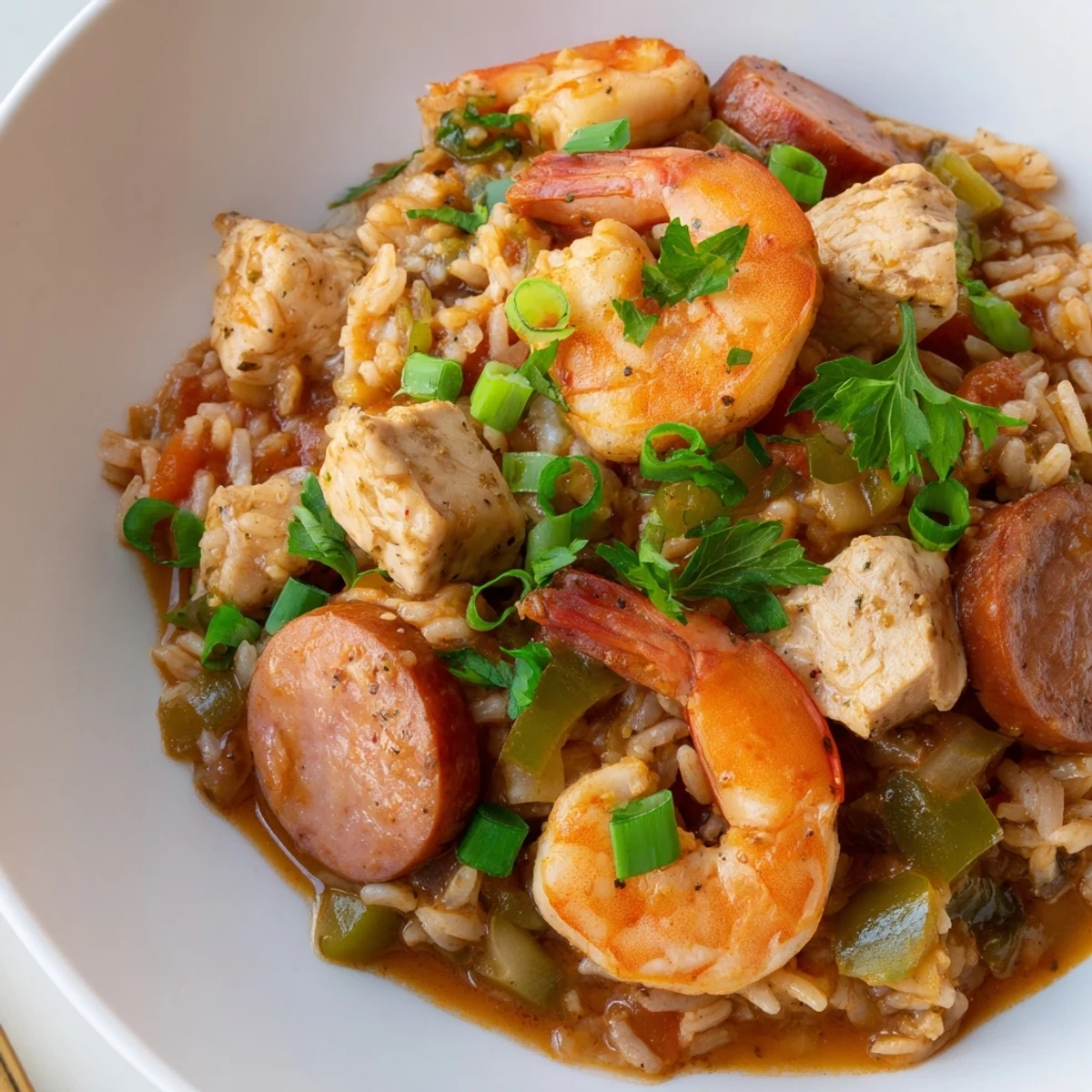 Colorful bowl of Mardi Gras Jambalaya with Chicken and Shrimp featuring andouille sausage and sautéed peppers.