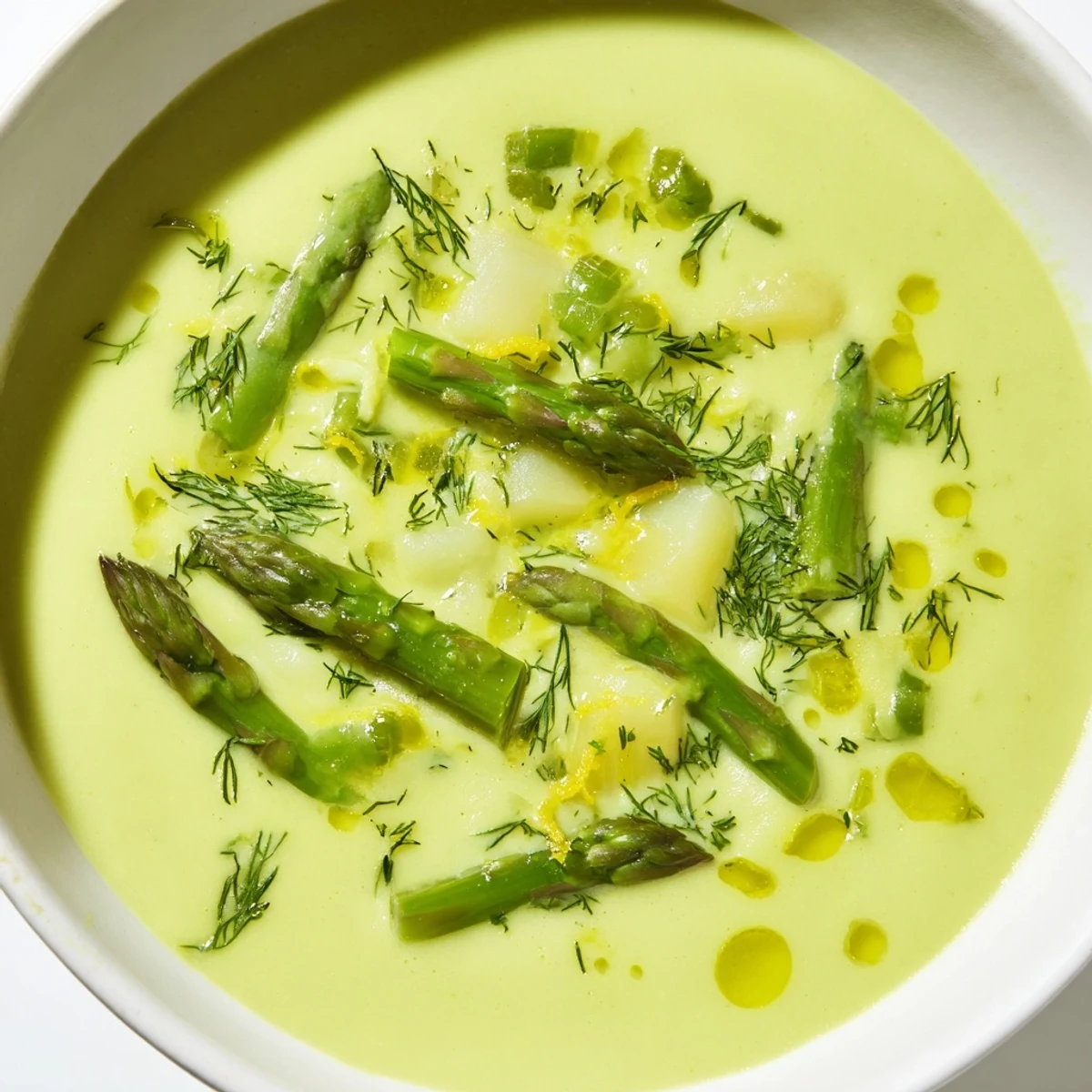 This vibrant bowl of Creamy Asparagus Soup with Lemon and Dill features tender green spears and a silky texture.