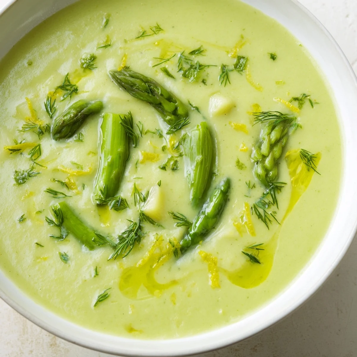 A comforting Creamy Asparagus Soup with Lemon and Dill, garnished with fresh dill and a lemon wedge on the side.
