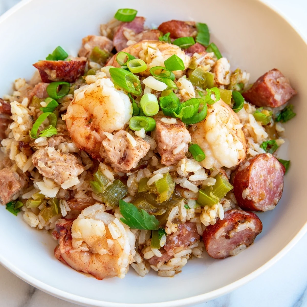 A steaming bowl of Mardi Gras Jambalaya with Chicken and Shrimp garnished with fresh parsley and green onions.