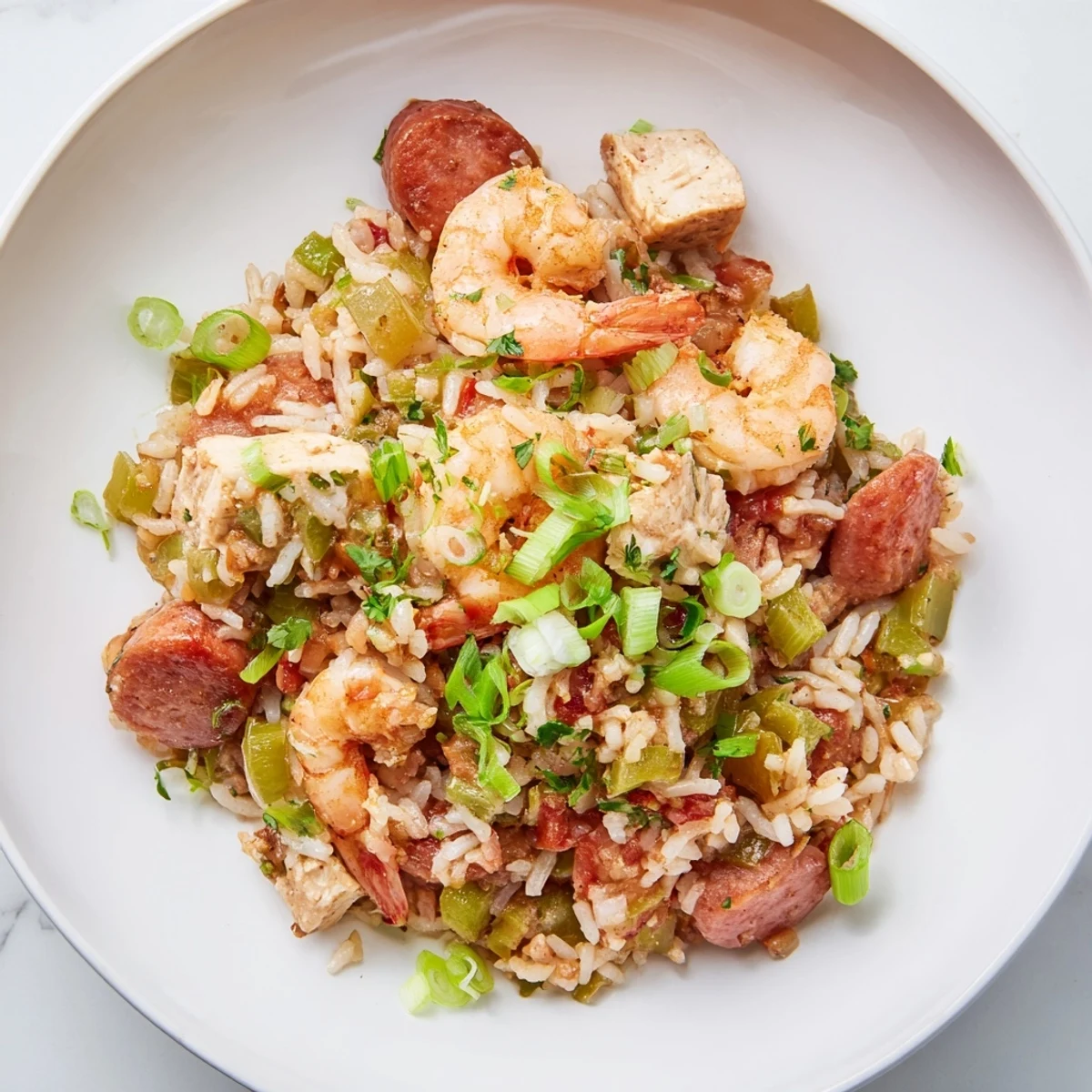 Serving suggestion for Mardi Gras Jambalaya with Chicken and Shrimp next to a glass of white wine and crusty bread.
