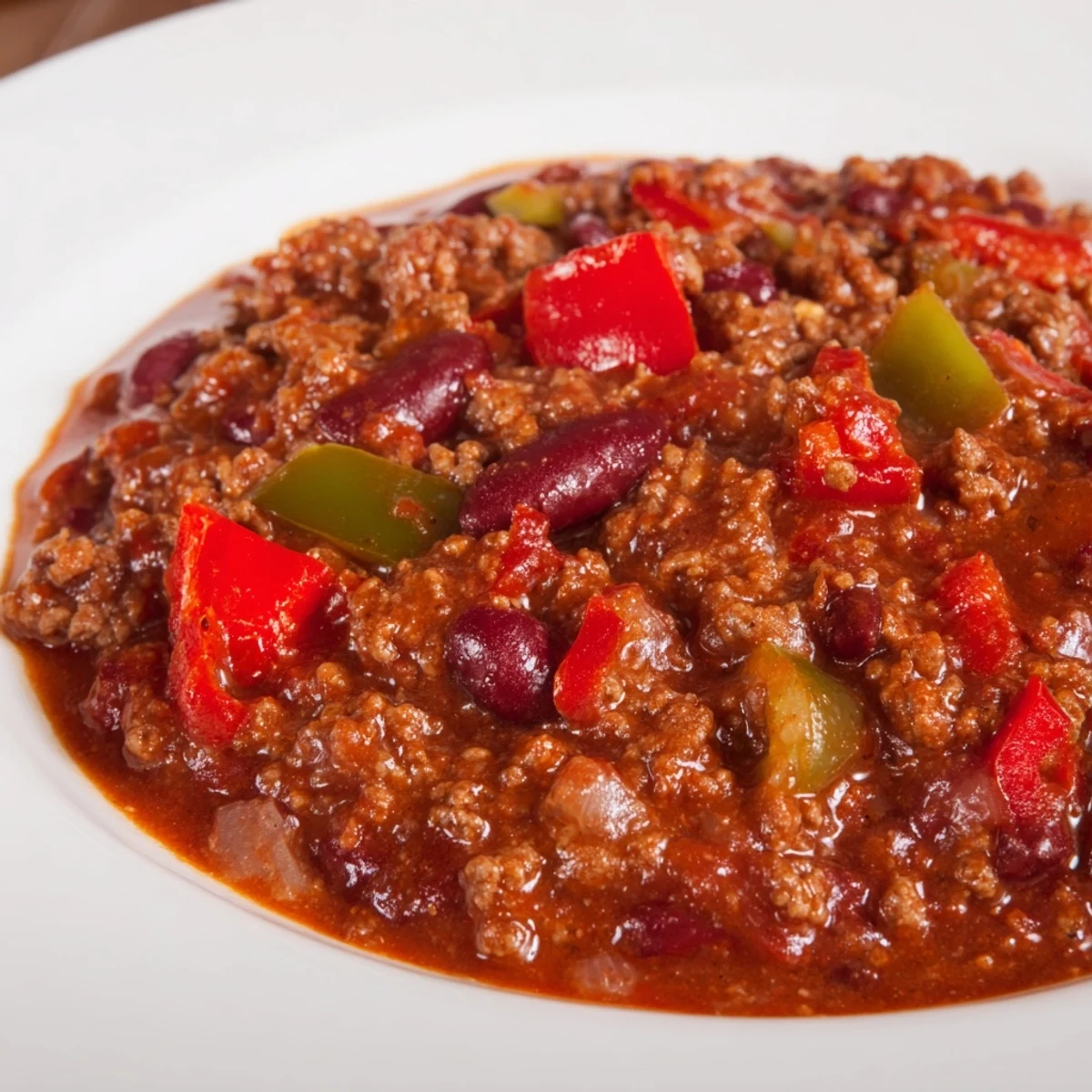 A ladle scoops up Spicy Beef Chili with Kidney Beans and Peppers, highlighting the rich, thick tomato sauce and beans.