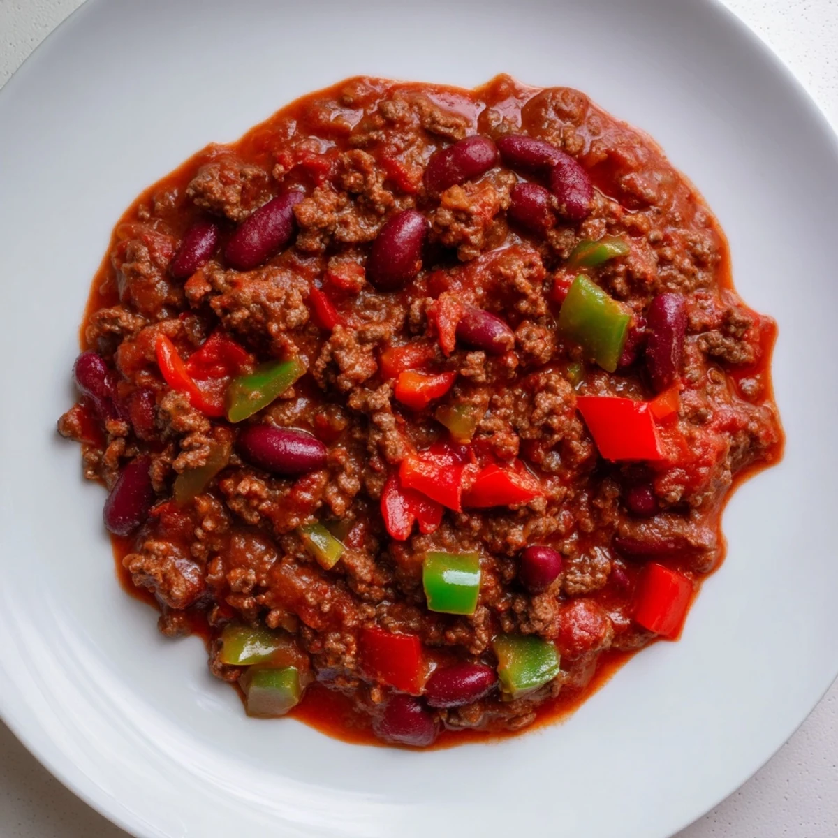 A close-up view shows hearty Spicy Beef Chili with Kidney Beans and Peppers, loaded with tender beef and vibrant peppers.
