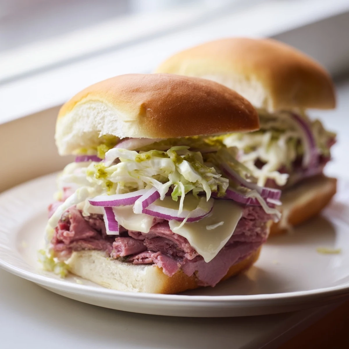 A close-up view of Corned Beef Sliders with Stone Ground Mustard, layered with crunchy cabbage and melted Swiss on soft buns.