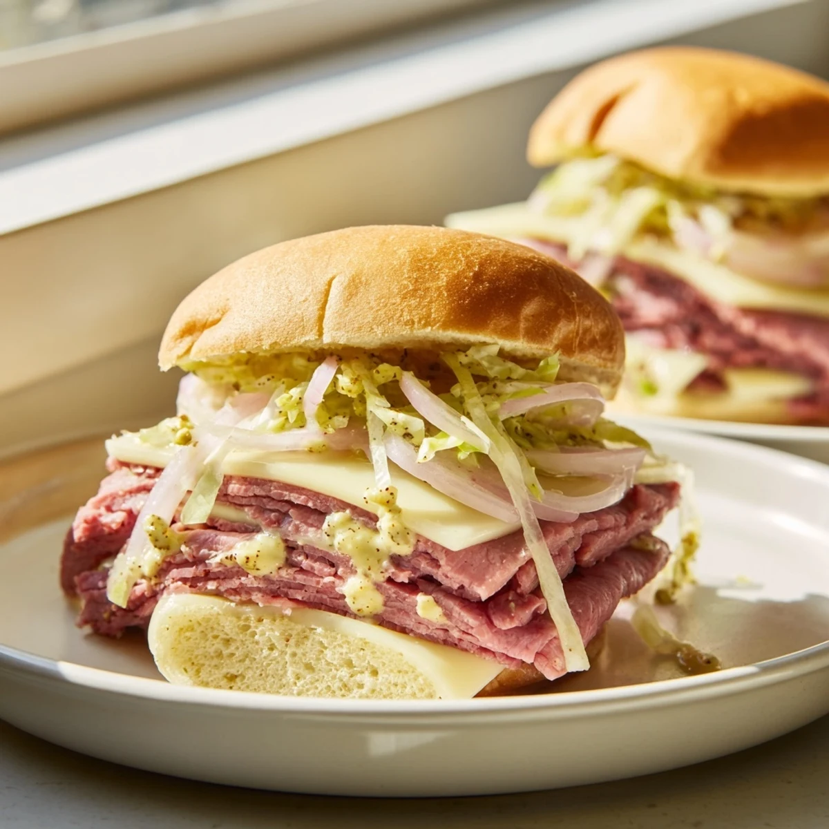 Freshly baked Corned Beef Sliders with Stone Ground Mustard, topped with shredded cabbage and ready to serve at a party.