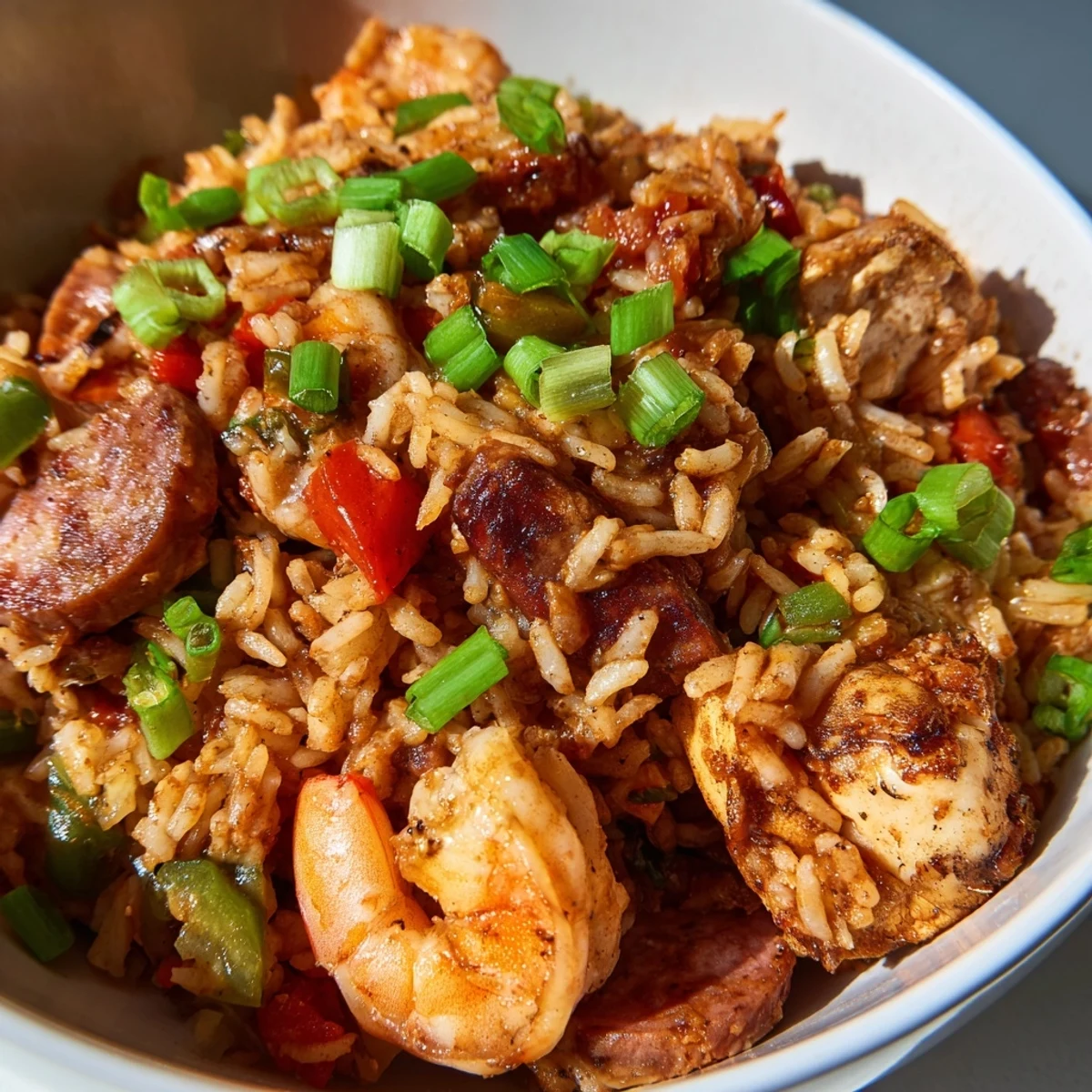A steaming bowl of Mardi Gras Jambalaya with Chicken and Shrimp features tender meat, plump shrimp, and colorful peppers on fluffy rice.