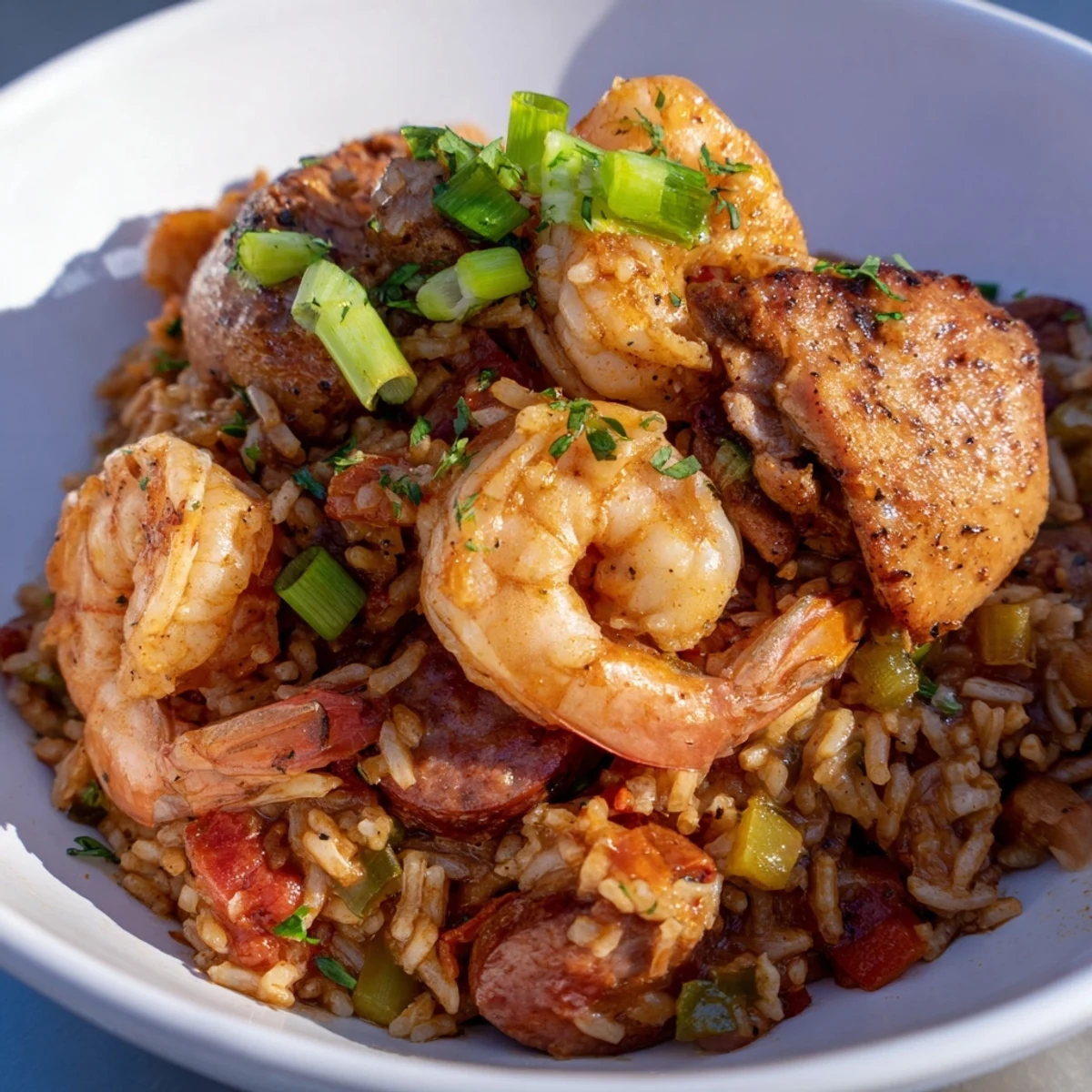 Hearty Mardi Gras Jambalaya with Chicken and Shrimp is garnished with fresh green onions, showcasing its rich Creole spices and andouille sausage.