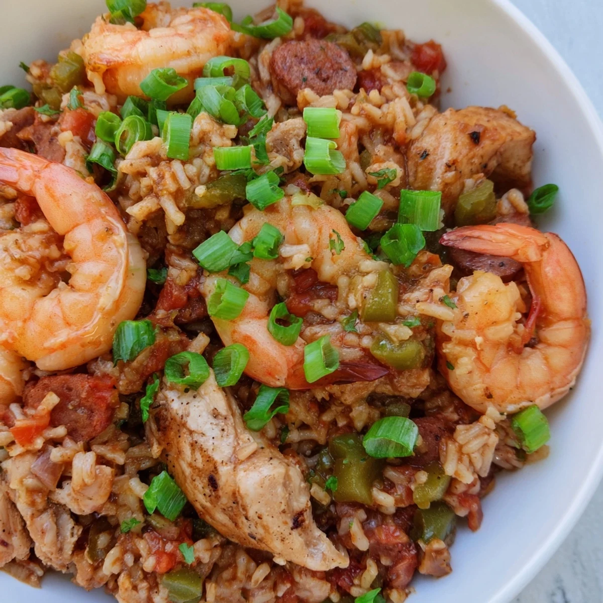 Serving of Mardi Gras Jambalaya with Chicken and Shrimp sits ready to eat, bursting with savory flavor and vibrant vegetables.