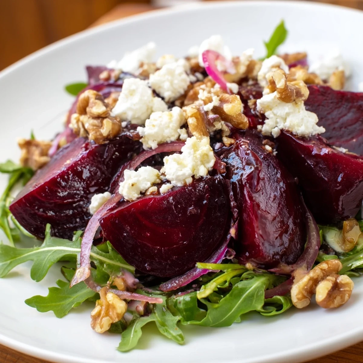 Vibrant roasted beet salad with goat cheese showcases ruby red beets, creamy crumbles, and crunchy walnuts on mixed greens, dressed for dinner.
