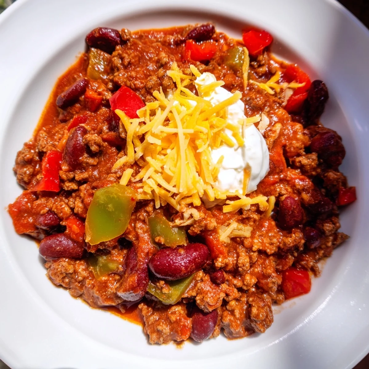 A steaming bowl of Spicy Beef Chili with Kidney Beans, topped with melted cheddar cheese and sour cream, resting on a rustic wooden table.  