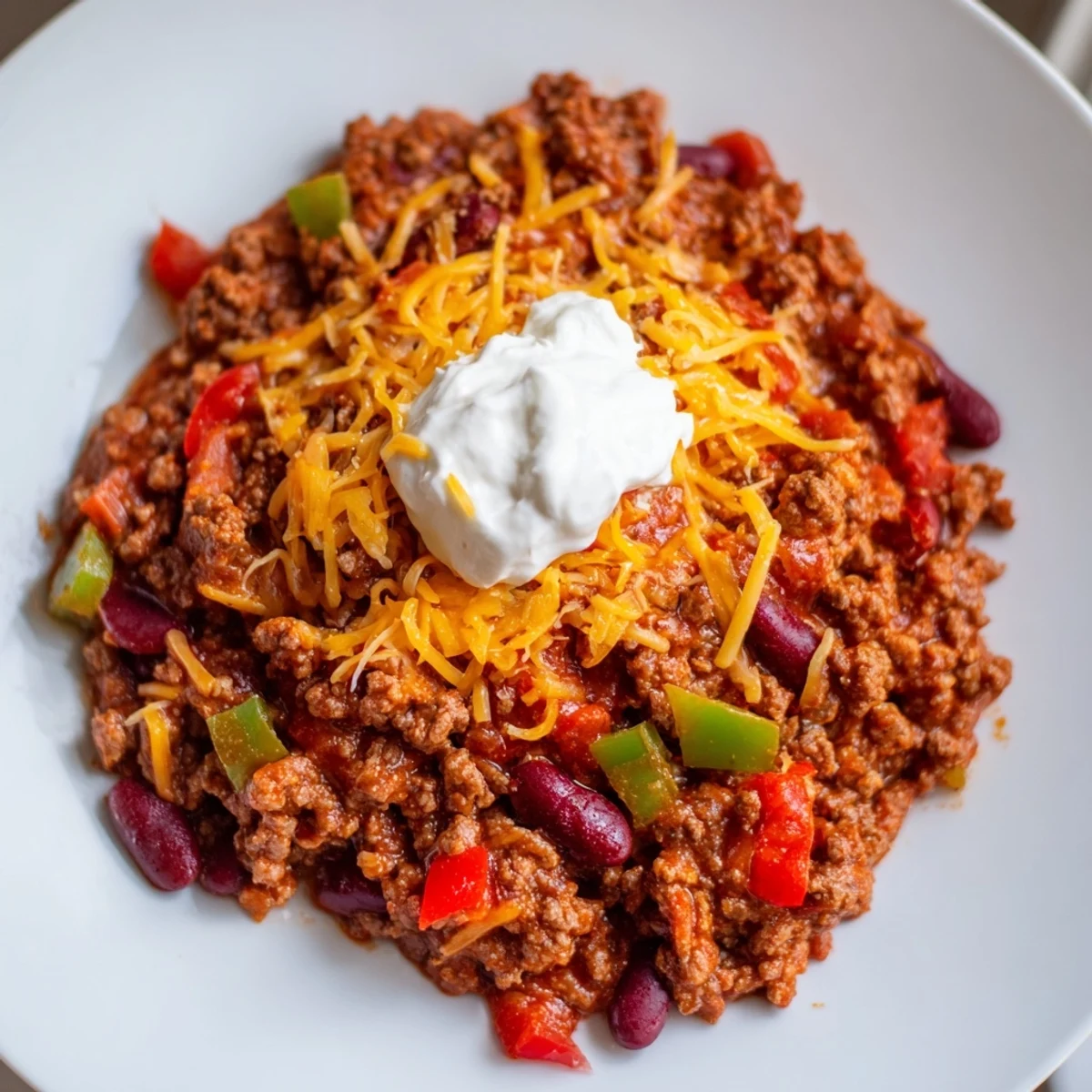 Family-style pot of Spicy Beef Chili with Kidney Beans beside warm cornbread slices and colorful toppings for a cozy dinner.