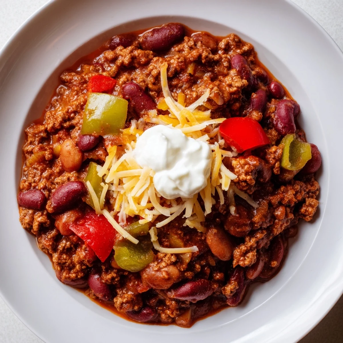 Close-up of a hearty Spicy Beef Chili with Kidney Beans, garnished with fresh cilantro and sliced jalapeños, showing rich, thick texture.  