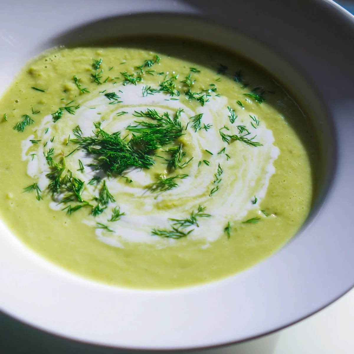 A vibrant bowl of Creamy Asparagus Soup with Lemon, garnished with fresh chives and a swirl of cream.