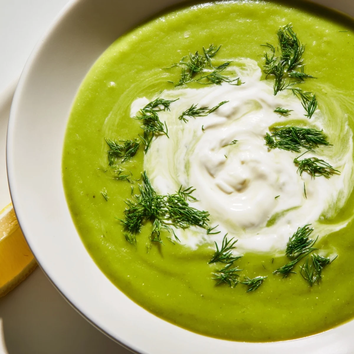 Close-up of velvety Creamy Asparagus Soup with Lemon beside a slice of crusty bread on a rustic table.