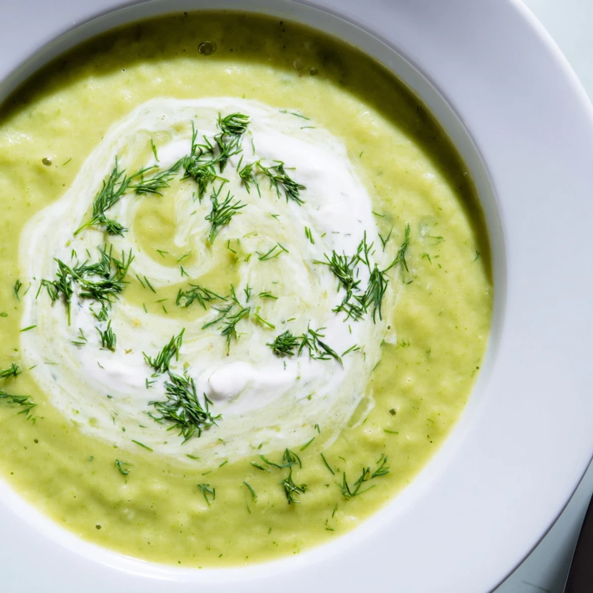 Springtime Creamy Asparagus Soup with Lemon served in a white bowl, topped with lemon zest and dill.