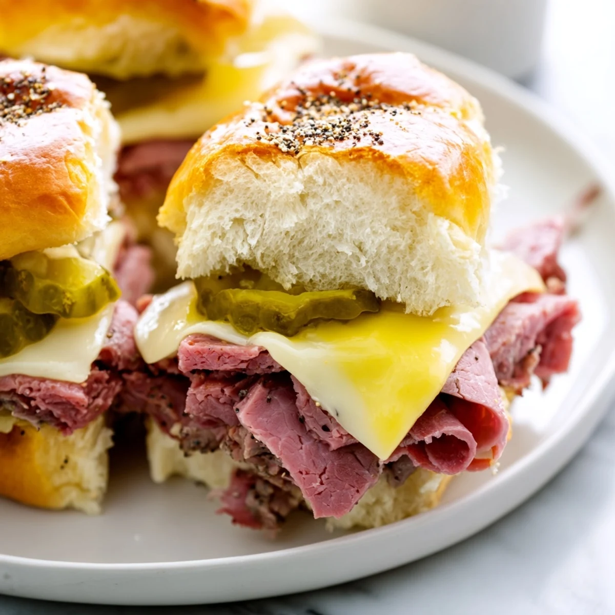 Golden-brown toasted slider buns are loaded with tender corned beef and a slice of melted Swiss cheese.