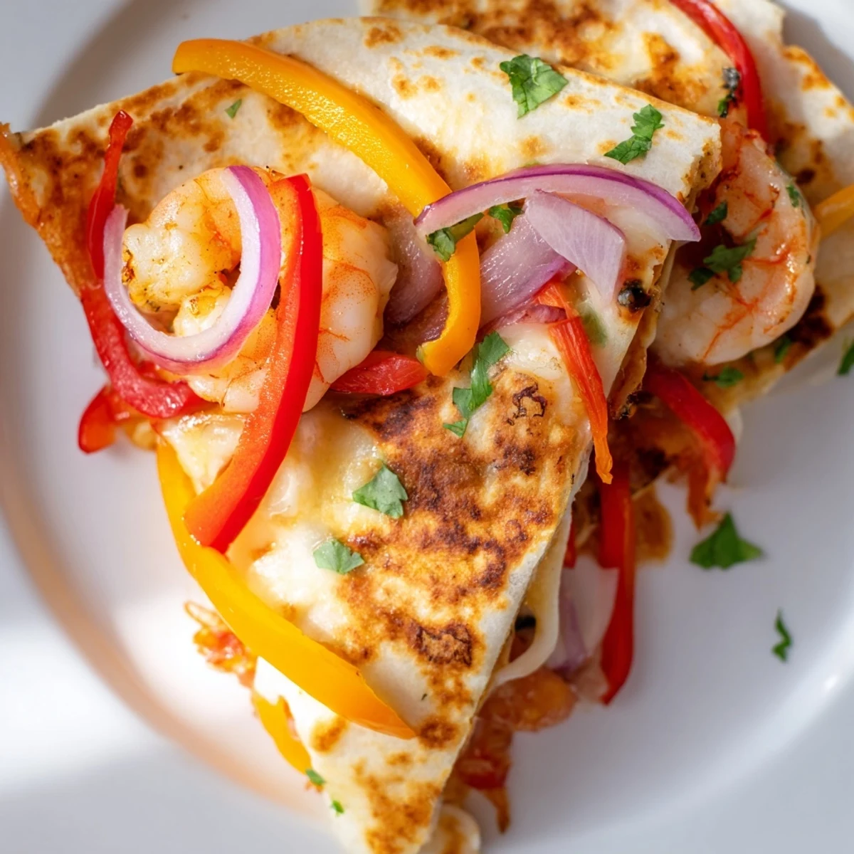 Juicy shrimp and colorful peppers nestle between warm flour tortillas, baked with a golden-brown finish and garnished with fresh cilantro.