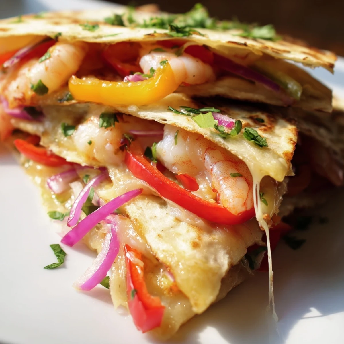 Golden crispy Shrimp Fajita Sheet Pan Quesadillas are lifted from a baking sheet, revealing melted cheese and roasted peppers.