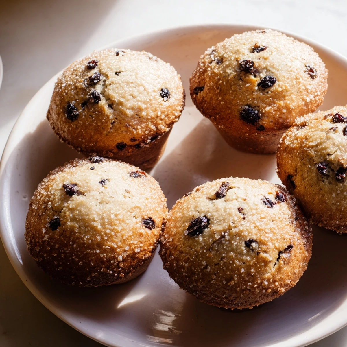Warm, golden-brown Mini Irish Soda Bread Muffins studded with plump currants on a rustic wooden board.