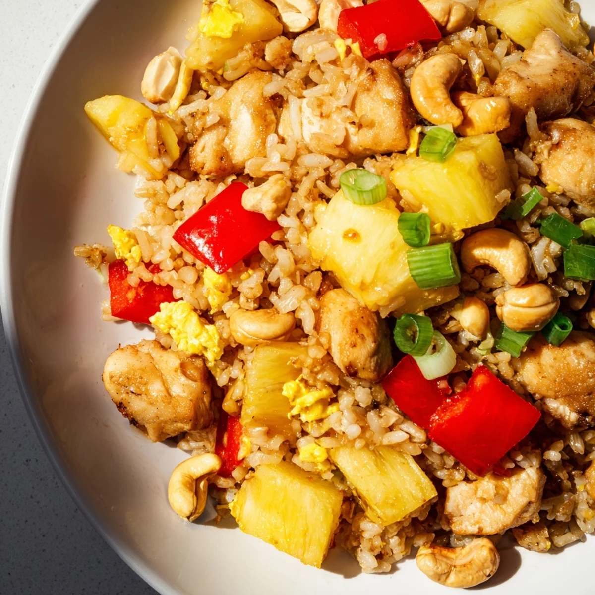 Golden Pineapple Chicken Fried Rice with Cashews steaming in a wok, tossed with vibrant bell peppers and peas.