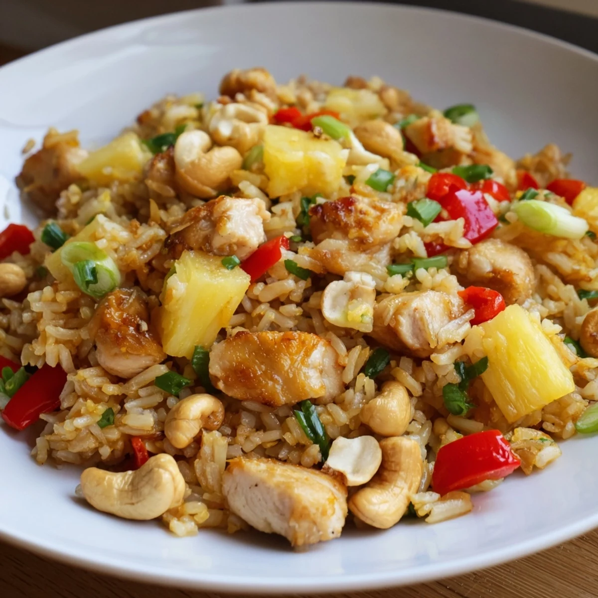 Plate of Pineapple Chicken Fried Rice with Cashews, featuring tender chicken chunks and colorful veggies for a quick dinner.