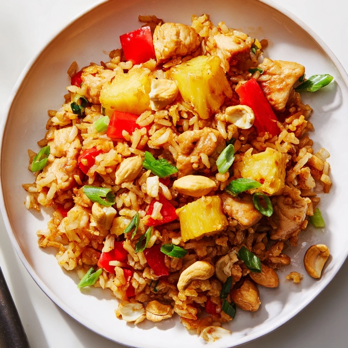 A close-up of Pineapple Chicken Fried Rice with Cashews, garnished with green onions and served with lime wedges.