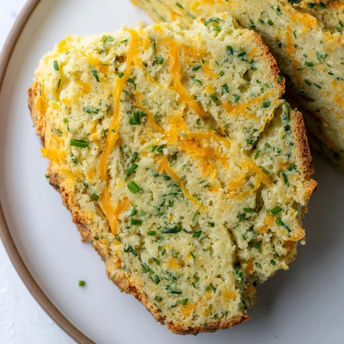 A close-up of Savory Herbed Cheddar Irish Soda Bread with a golden crust and melted cheddar flecks.