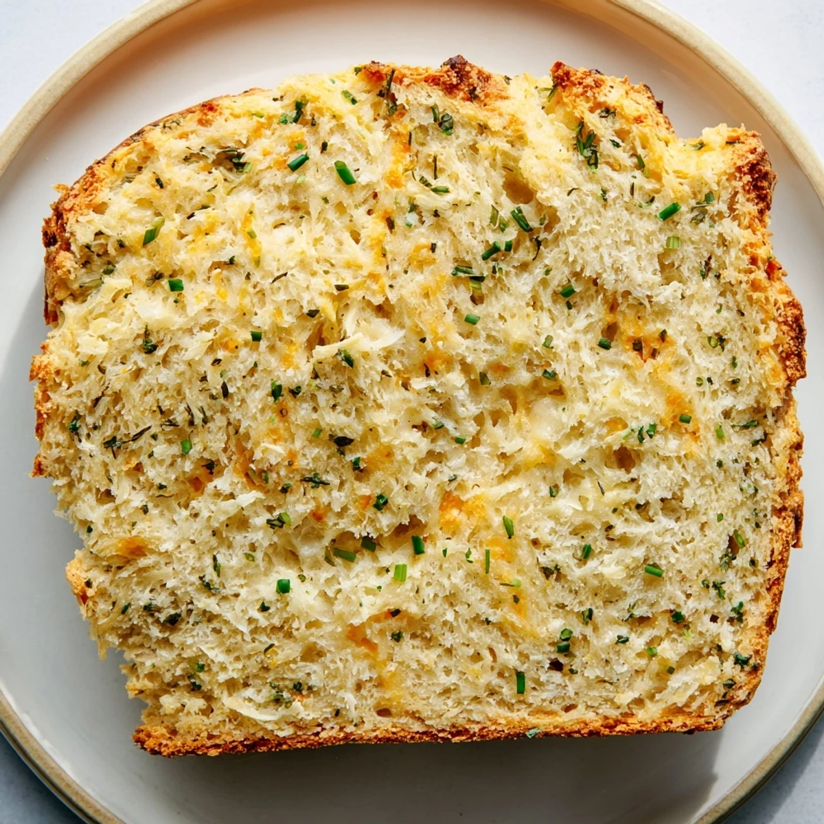 A rustic Savory Herbed Cheddar Irish Soda Bread loaf with a deep X on top, served with butter.