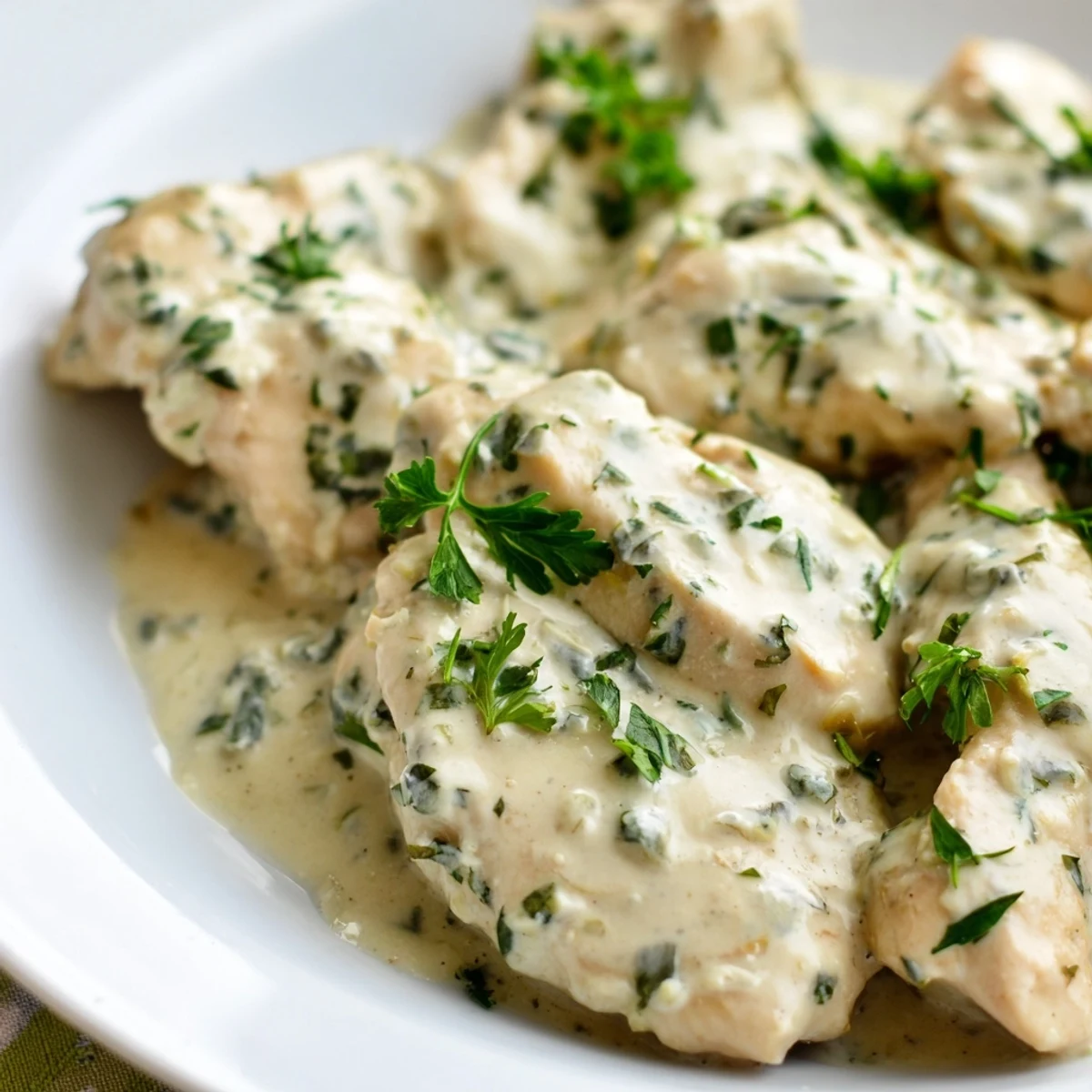 Golden-brown seared chicken breasts simmering in a creamy Boursin Chicken sauce with fresh parsley garnish.
