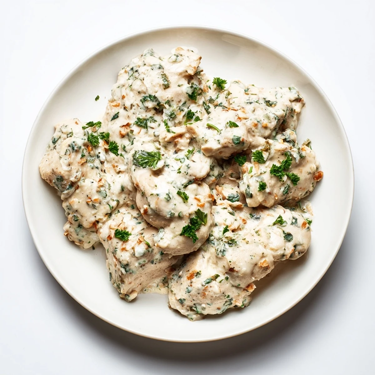 A close-up of the Creamy Boursin Chicken dish served over fluffy mashed potatoes on a rustic table.