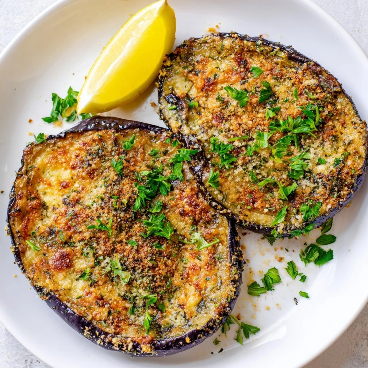 Golden roasted eggplant slices topped with crispy Parmesan and Mediterranean herbs on a white plate for a snack.