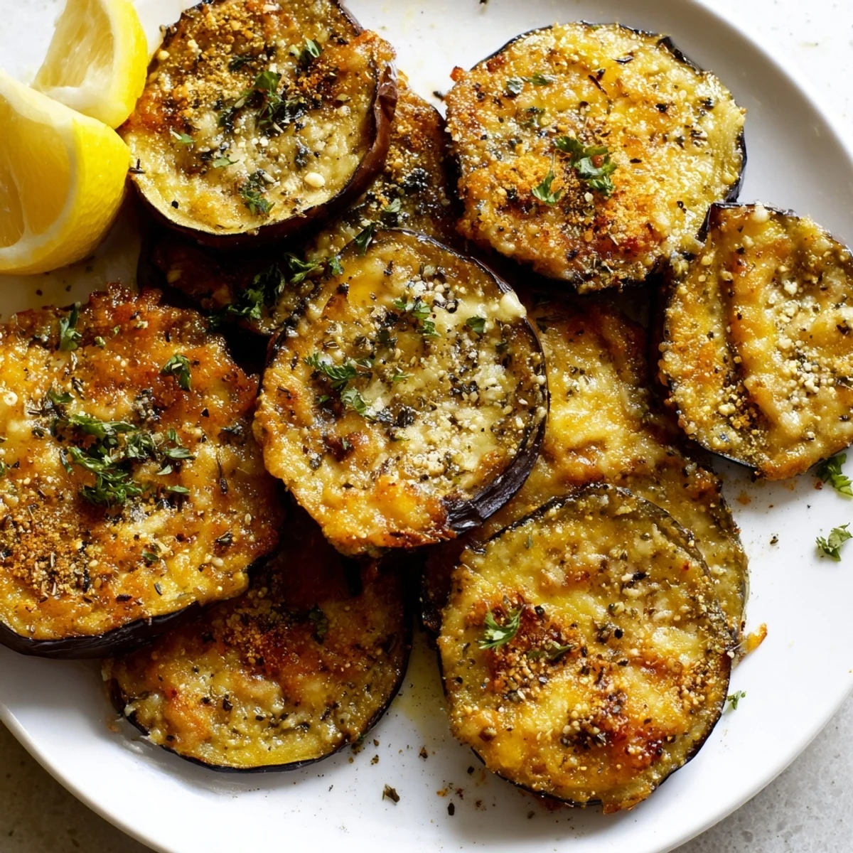 Mediterranean Roasted Eggplant & Parmesan Crisps garnished with fresh parsley and lemon wedges served on a wooden board.