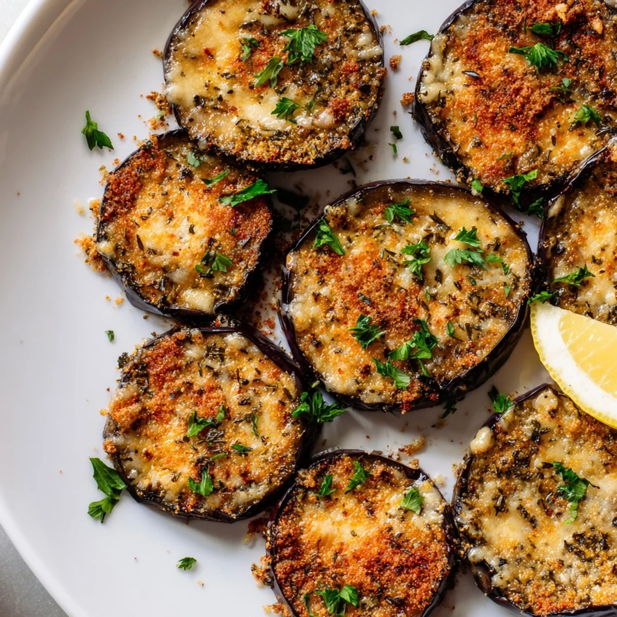 Freshly baked Mediterranean Roasted Eggplant & Parmesan Crisps showing melted cheese and smoky paprika seasoning close up.