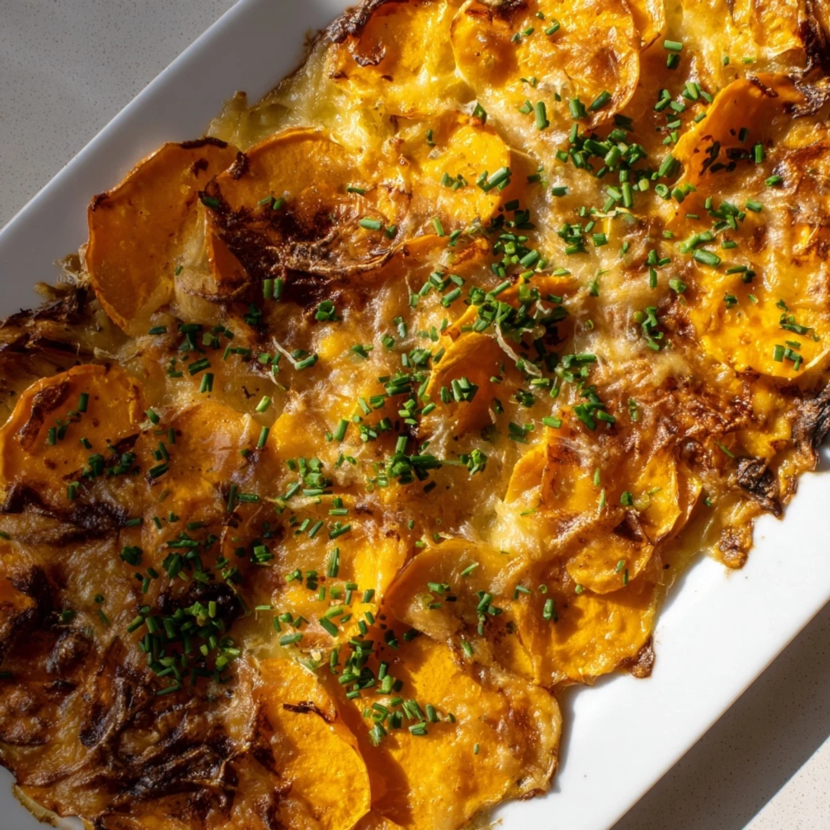 Golden-brown Cheesy Sweet Potato Gratin with Caramelized Onions Delight layered in a baking dish, topped with bubbly Gruyère and fresh chives.