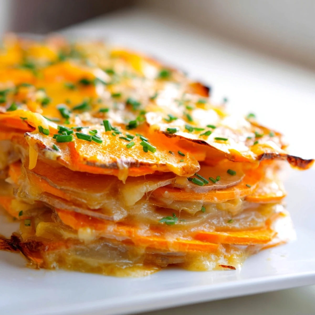 A close-up of Cheesy Sweet Potato Gratin with Caramelized Onions Delight, featuring creamy layers and a rustic wooden serving spoon.