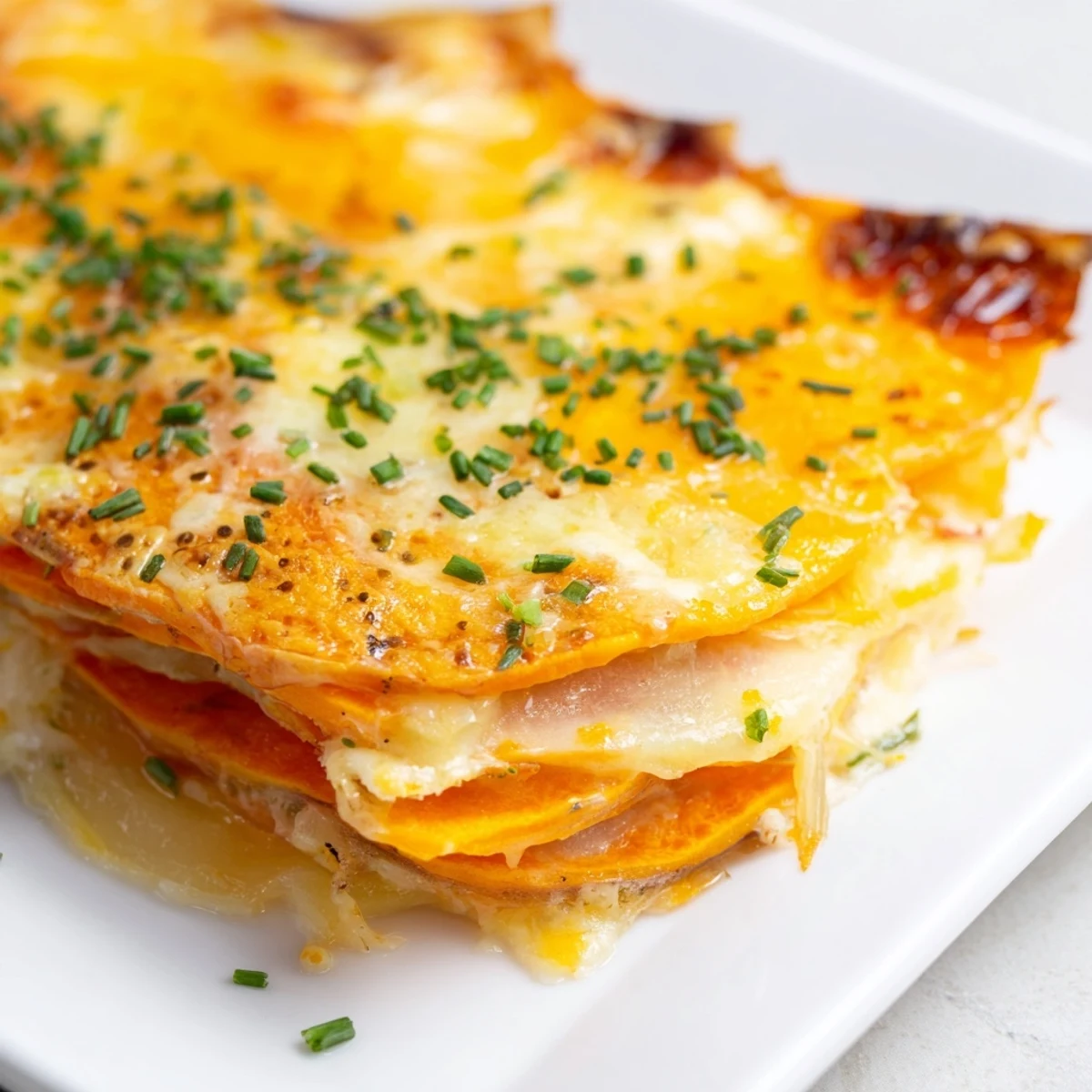 Sliced Cheesy Sweet Potato Gratin with Caramelized Onions Delight served on a white plate, garnished with thyme and ready to eat.