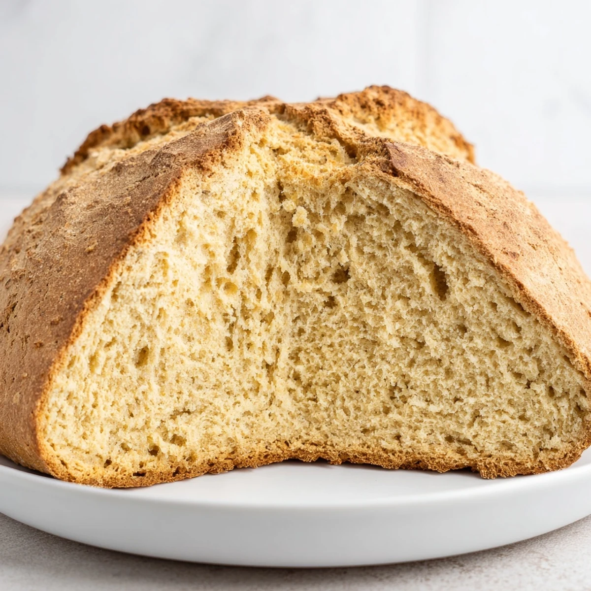 Freshly baked Authentic 4-Ingredient Irish Soda Bread with a golden, crackled crust, sliced to reveal the soft, tender interior on a wooden board.