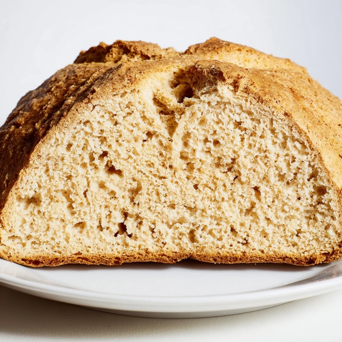 Rustic Authentic 4-Ingredient Irish Soda Bread with a deep cross cut on top, ready to serve with butter and jam at breakfast.