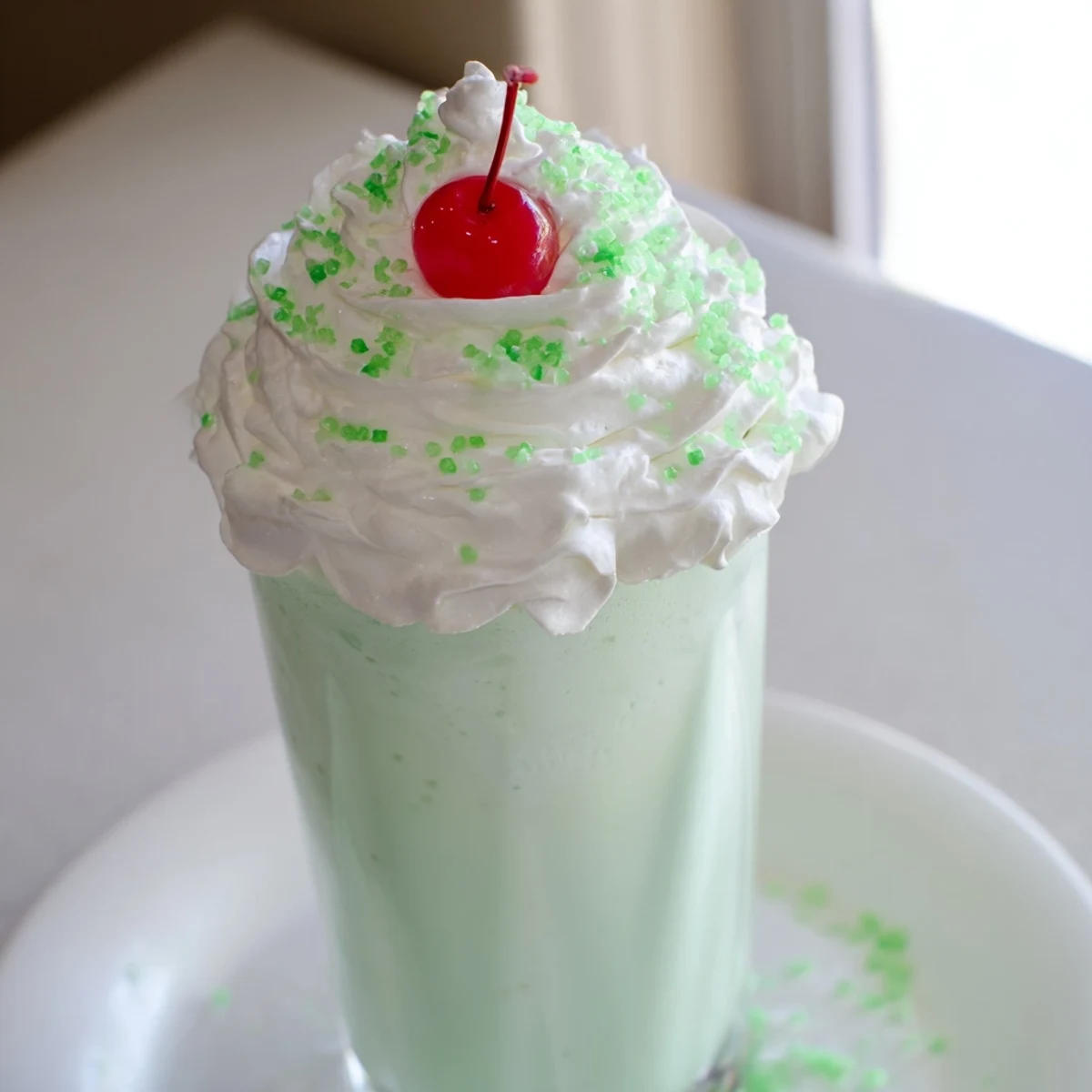 Serving of Homemade Copycat Shamrock Shake beside mint sprigs and green sprinkles for a festive St. Patrick's Day.