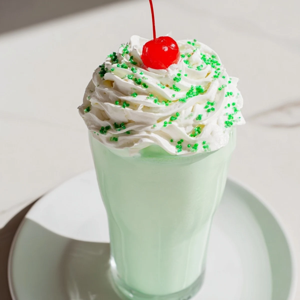 Blender pouring Homemade Copycat Shamrock Shake into two chilled glasses with ice cream scoops nearby for a refreshing treat.