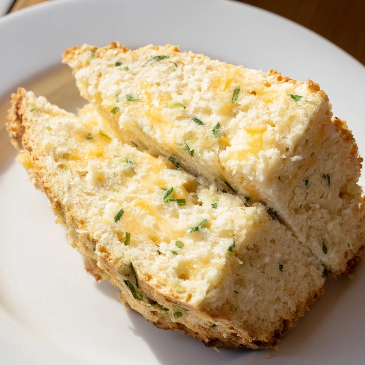 Freshly baked Savory Cheddar & Chive Irish Soda Bread paired with a steaming bowl of hearty soup for a cozy meal.