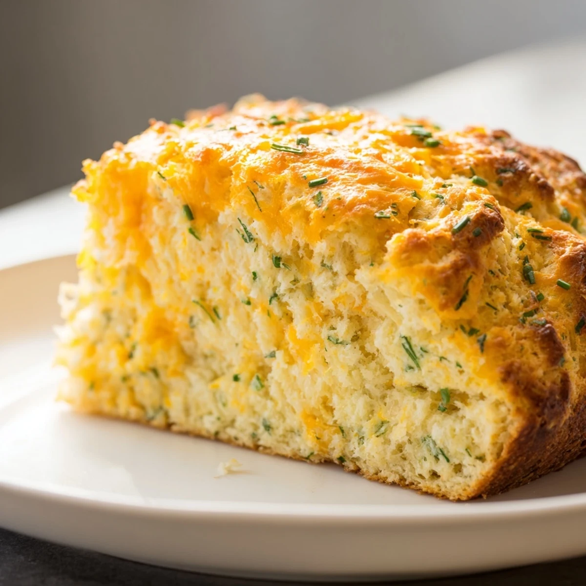 Warm Savory Cheddar & Chive Irish Soda Bread showcasing tender crumb and melted cheddar, ready to serve with butter.