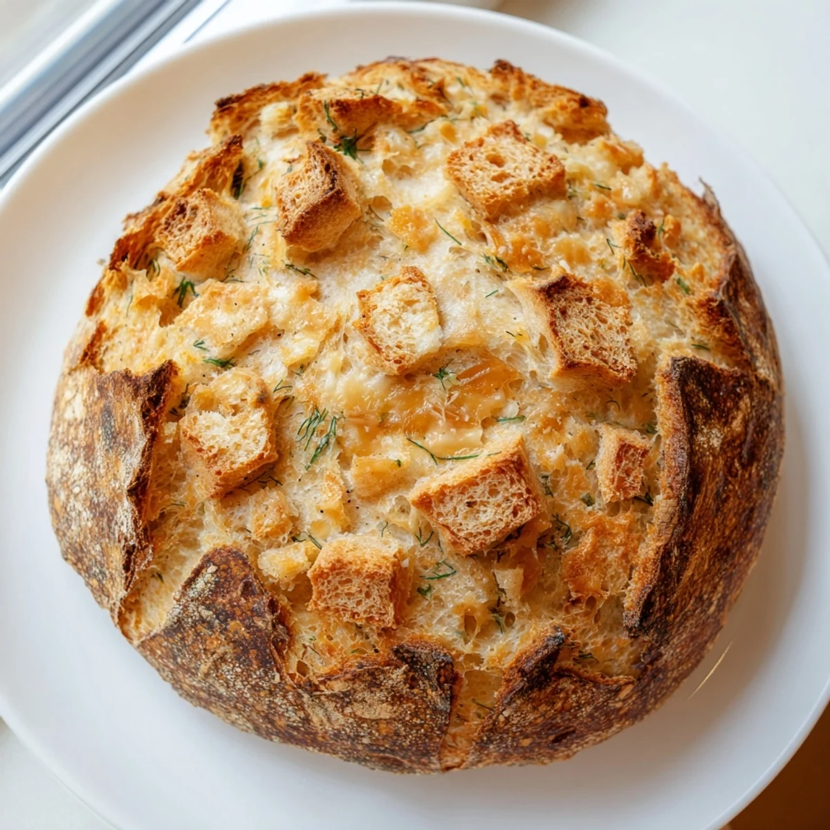 Freshly baked No-Knead Dill Gouda Artisan Bread cooling on a wire rack, with visible dill flecks and melted cheese chunks.