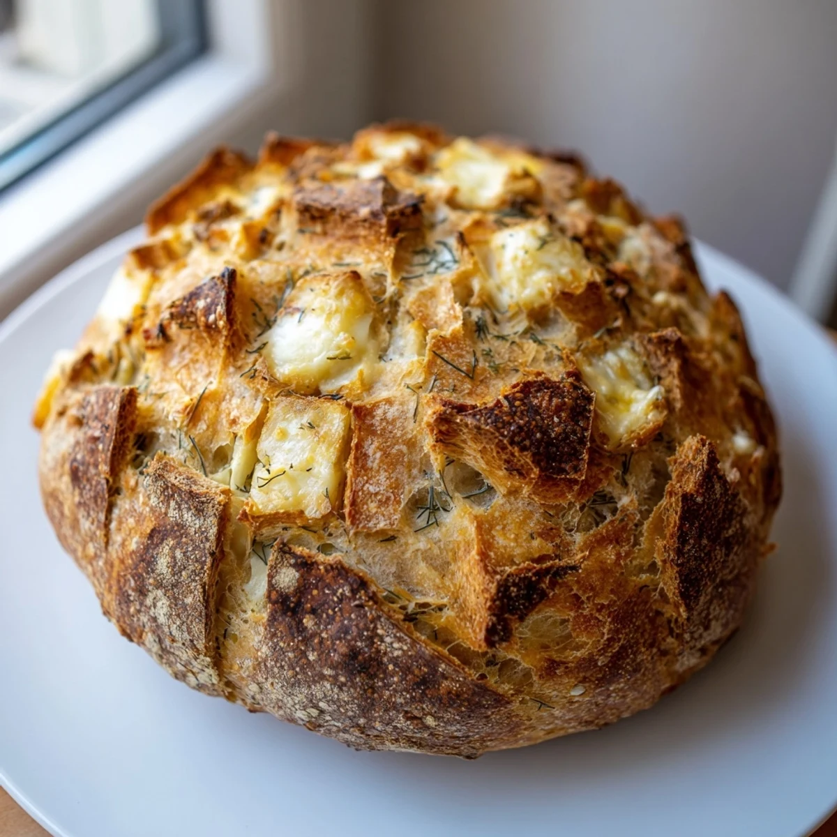Golden-brown No-Knead Dill Gouda Artisan Bread sliced on a wooden board, showcasing its airy crumb and savory melted cheese.