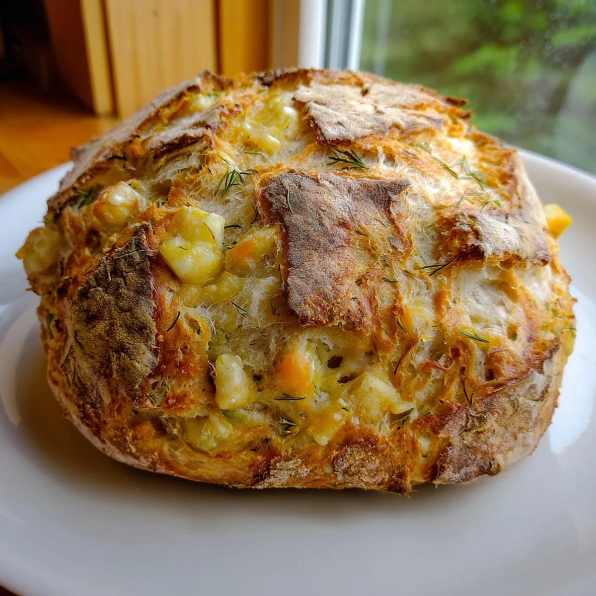 Rustic round No-Knead Dill Gouda Artisan Bread on a linen cloth, featuring a crusty exterior and fresh dill garnish.