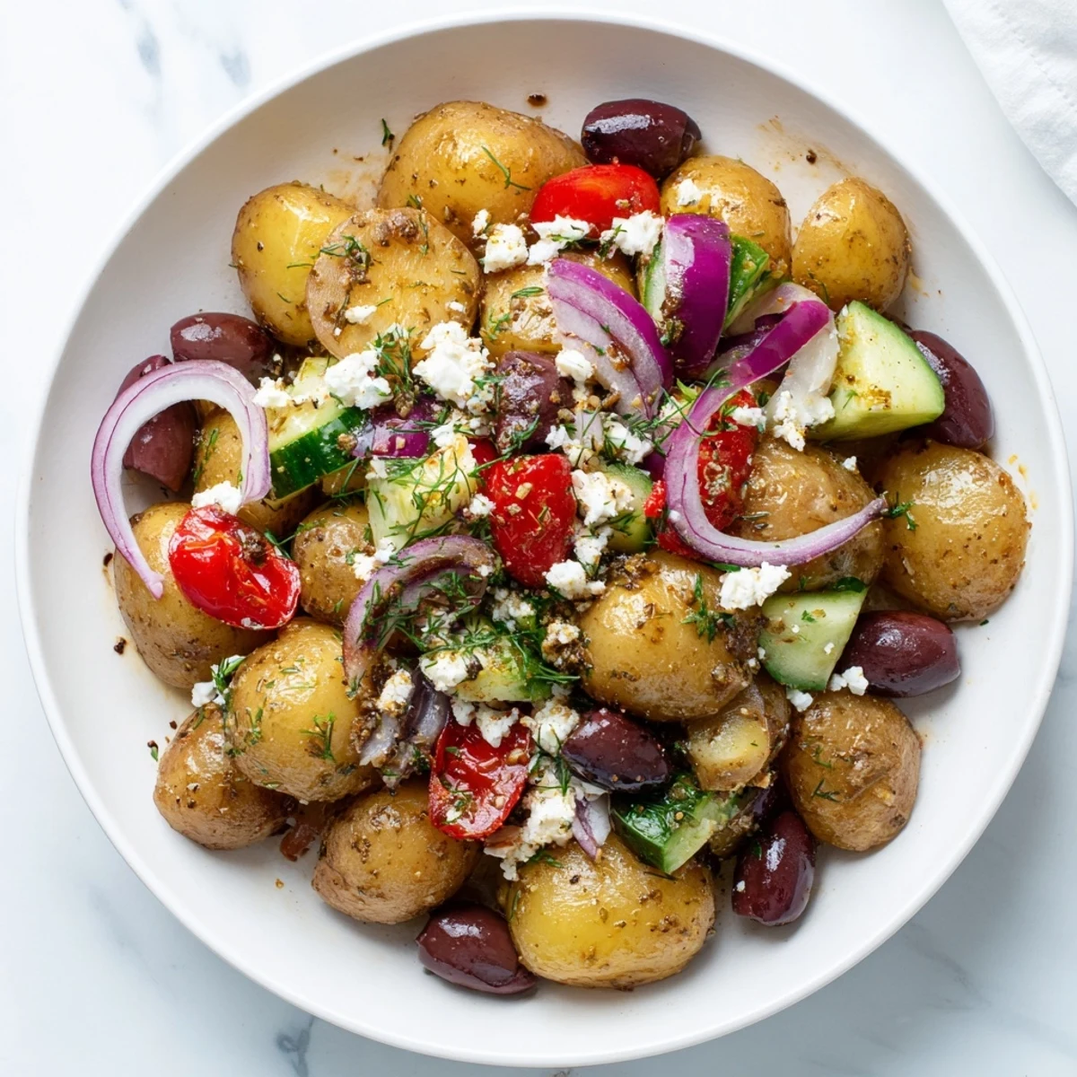 A bowl of chunky Refreshing Olive Greek Potato Salad features crisp cucumber, red bell pepper, and crumbled feta cheese for a zesty Mediterranean side. 