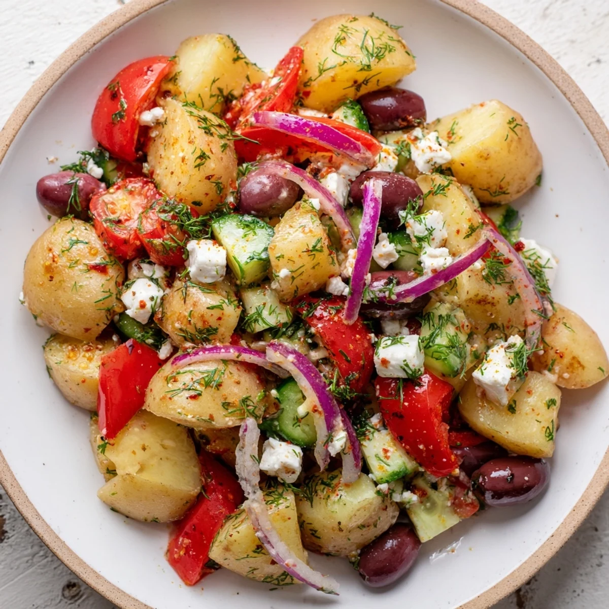 Bright red cherry tomatoes and briny Kalamata olives mingle with tender potatoes in this Refreshing Olive Greek Potato Salad, garnished with fresh dill. 