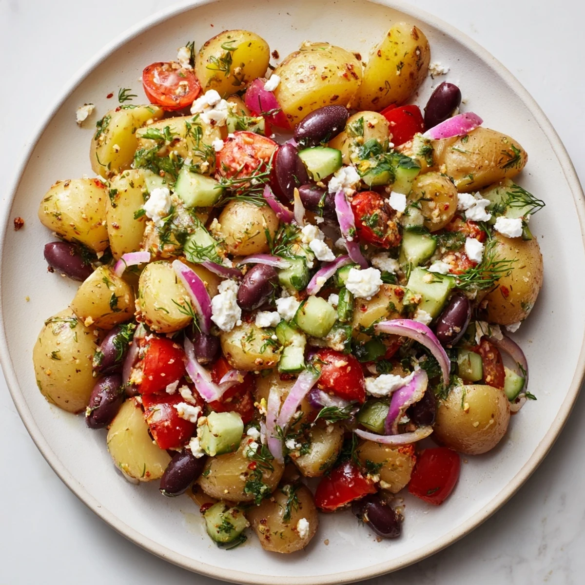 Colorful platter of chilled Refreshing Olive Greek Potato Salad with red onion slices and parsley, perfect for summer potlucks or grilled chicken dinners.