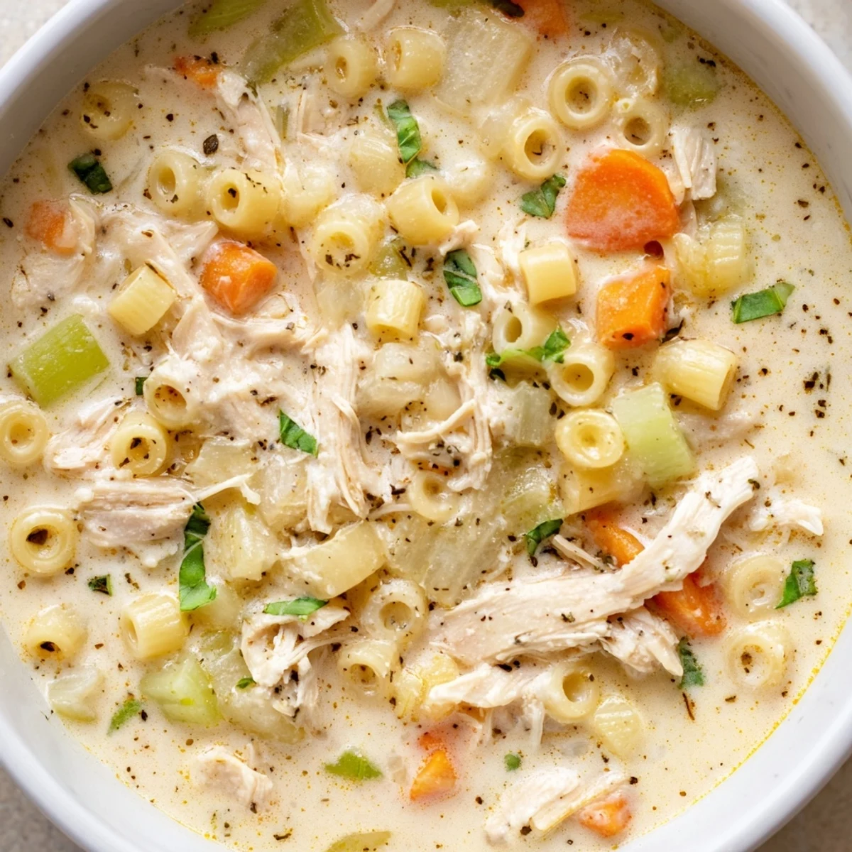 A warm bowl of Crock Pot Creamy Chicken Parmesan Soup garnished with fresh basil, showcasing tender shredded chicken and rich Parmesan creaminess.