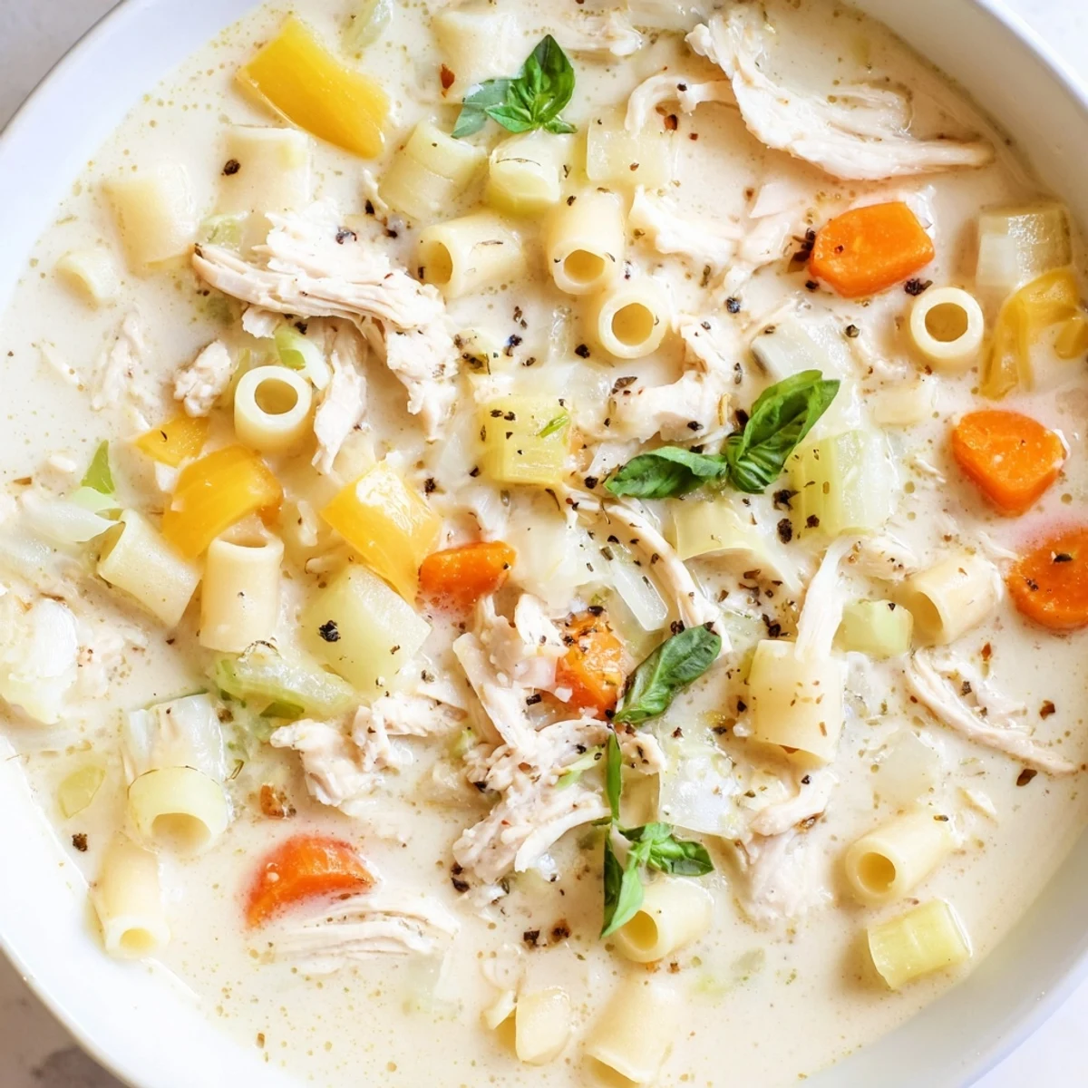 Slow-cooked Crock Pot Creamy Chicken Parmesan Soup with carrots and celery, served steaming in a rustic mug beside crusty gluten-free bread.